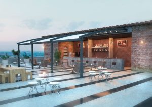 Retractable fabric pergola covering a cafe-style patio