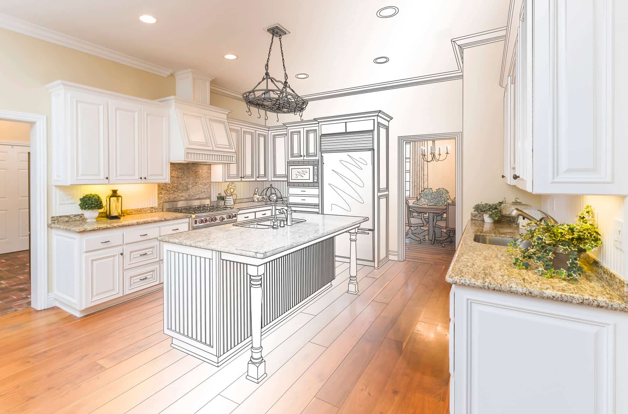 A modern kitchen renovation is depicted, with part of the image showing a realistic design and part featuring an architectural sketch overlay on the cabinets and island.