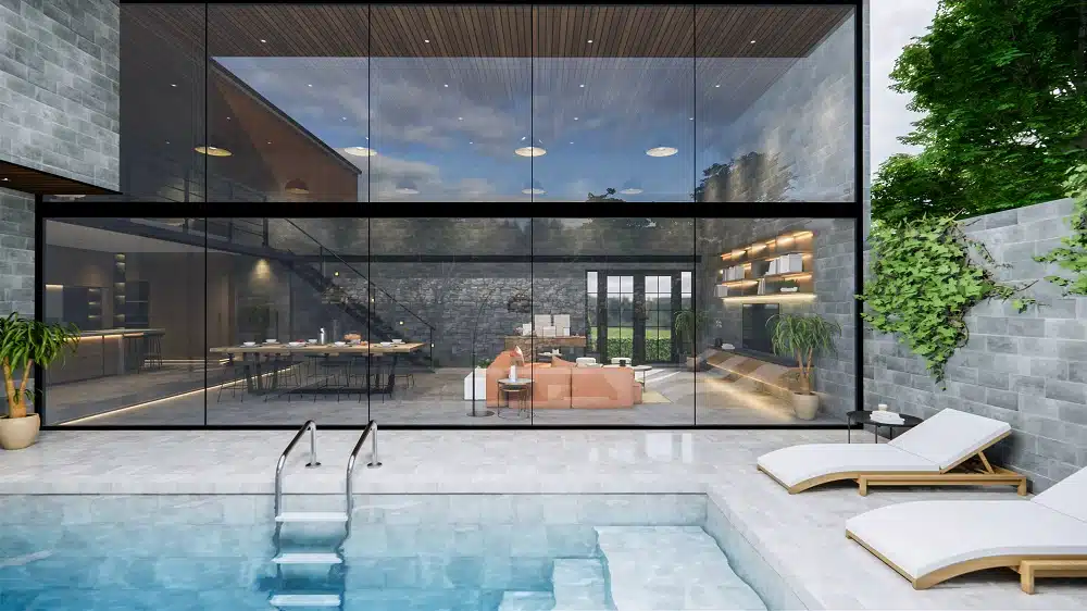 3d rendering. Interior house modern open living space with kitchen.Loft style Duplex residence .Home decoration luxury interior-exterior design.Outdoor terrace with swimming pool.